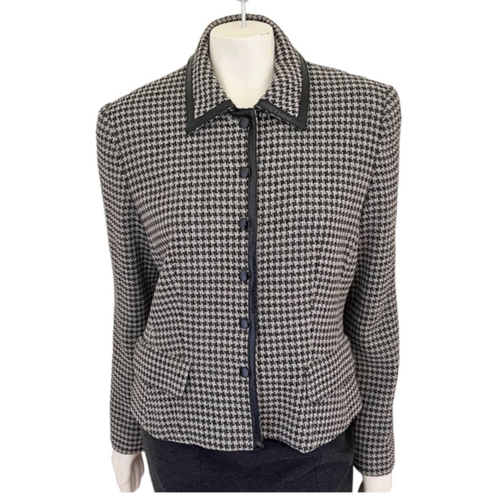 VTG PHILIPPE ADEC 100% Wool Leather Trim Tweed Blazer in Houndstooth SZ 8